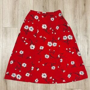 Kathy Ireland Vintage Red Floral Daisy Midi Skirt Womens Large 90s A-Line 30"